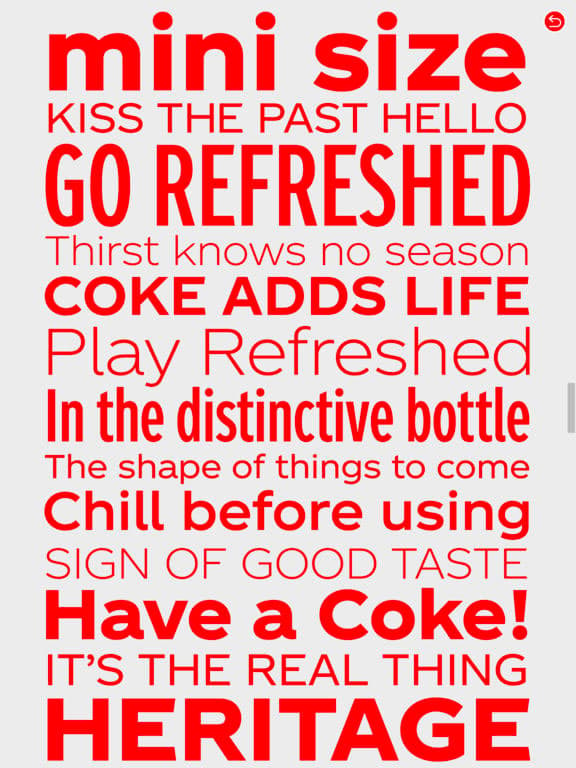 TCCC the bespoke typeface for the coca-cola company in different sizes and thickness