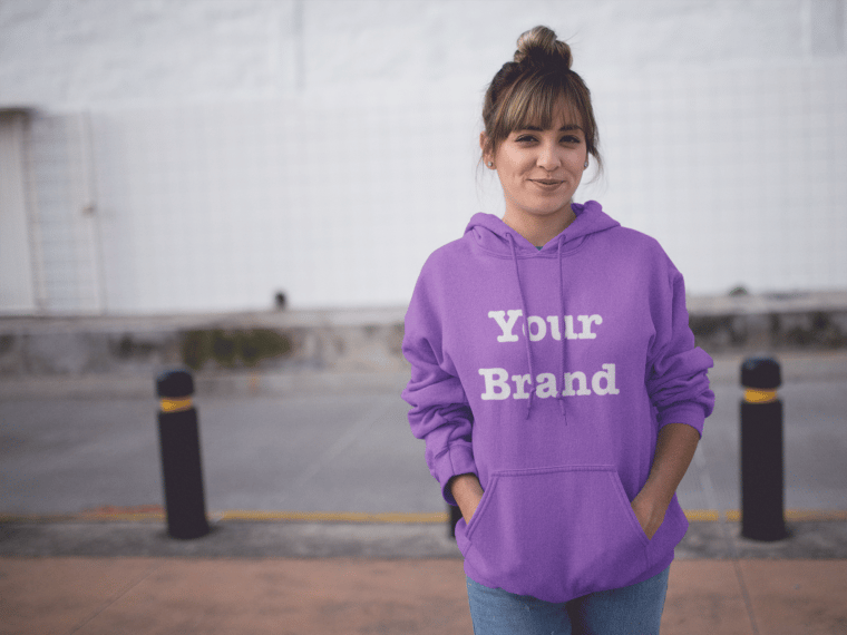 Woman in purple product mockup hoodie