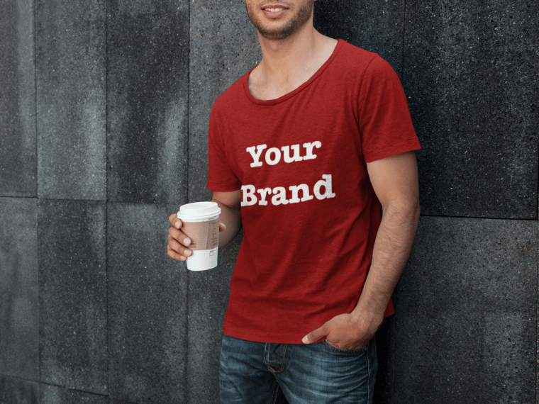 Product mockup tshirt on a man with a coffee cup