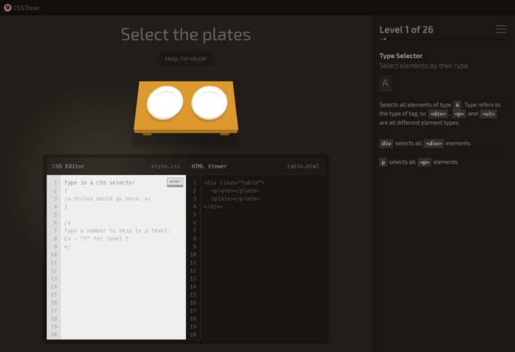 CSS Diner is a simple little game that will help you learn about CSS selectors