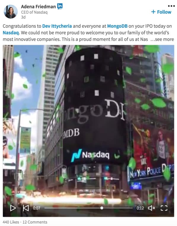 Adena Friedman, CEO of Nasdaq, made a GIF celebrating MongoDB’s IPO