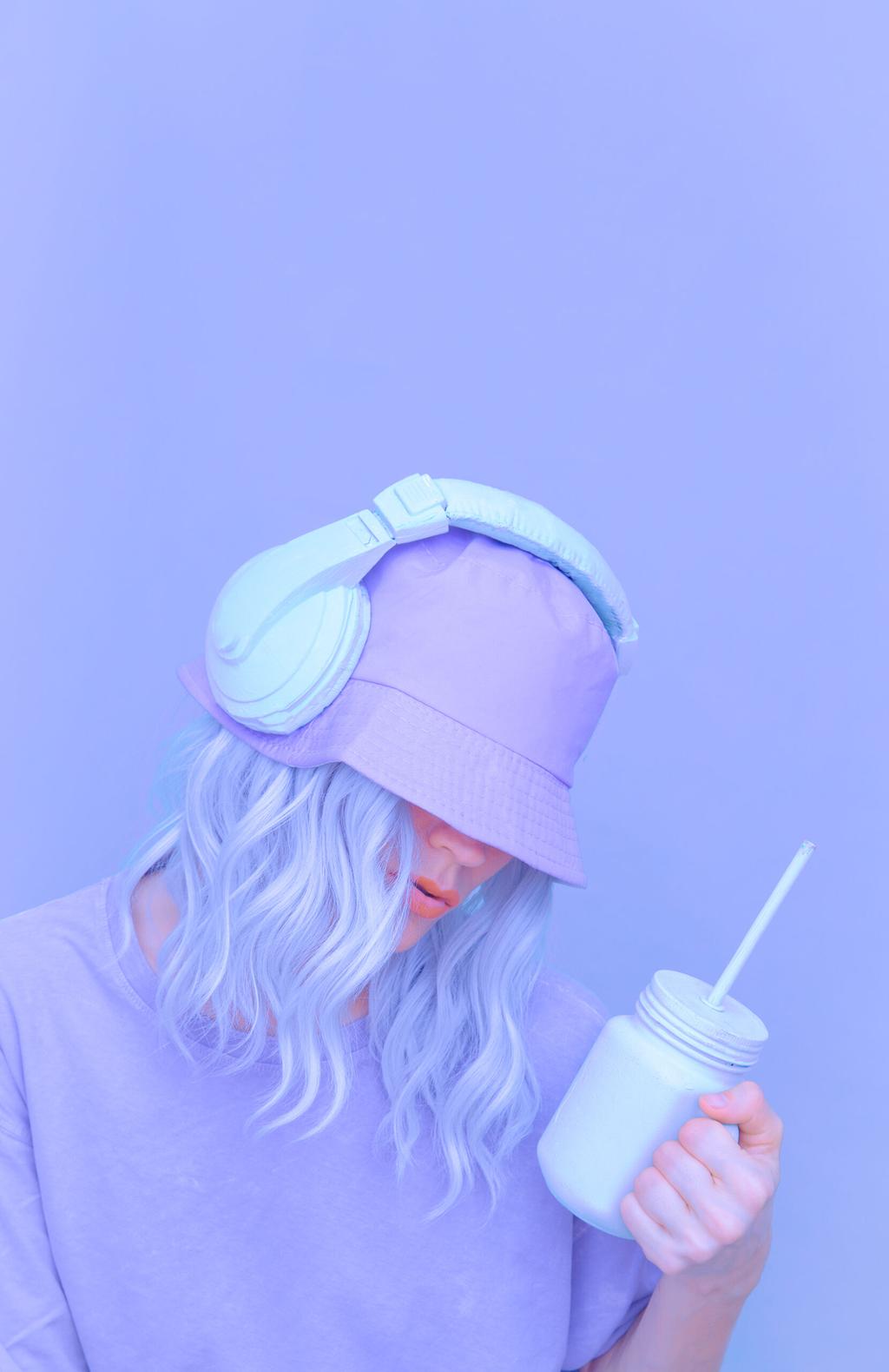 Ice Smoothie Dj Girl in stylish headphones and bucket hats. Minimal monochrome pastel colours  trends