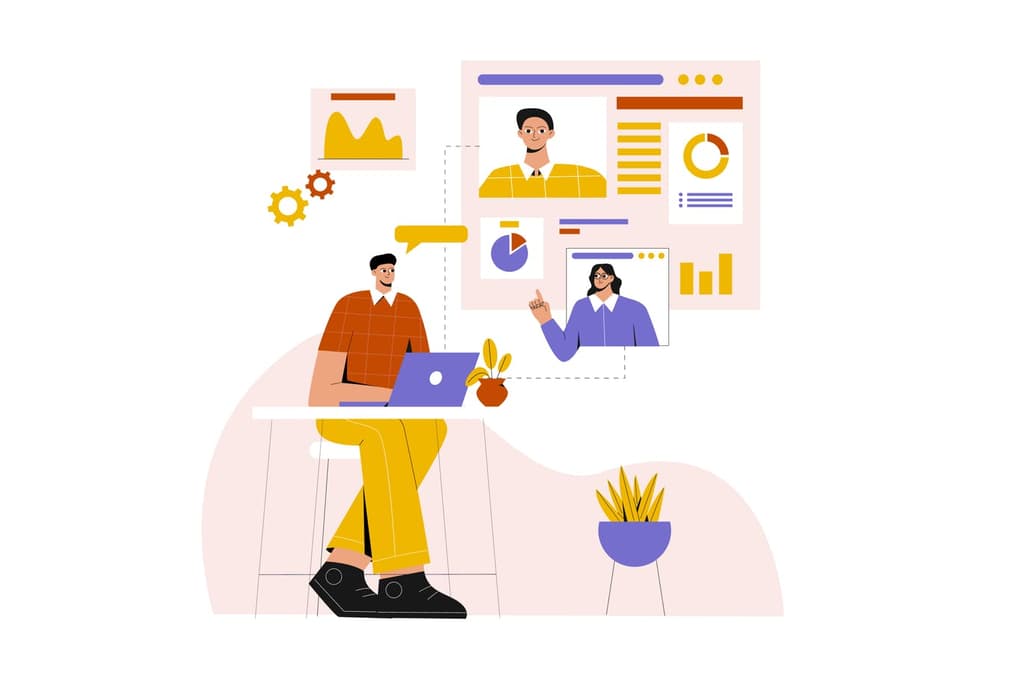 Set Goals - Virtual meeting with the team Illustration by uigodesign on Envato Elements