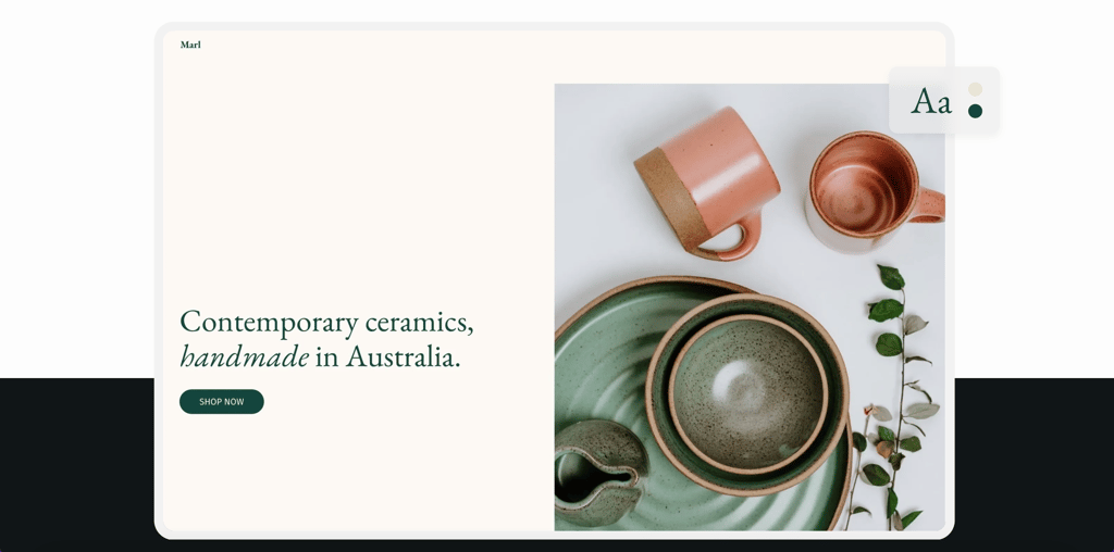 An example of a WordPress website theme, featuring a neutral, minimalist ceramics brand. 