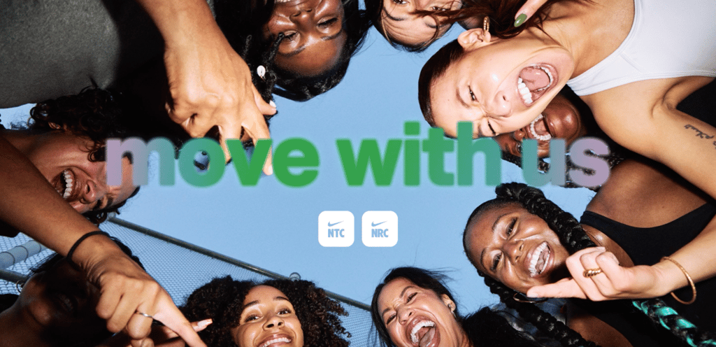 Nike move with us website, featuring a group of diverse women smiling down at the camera