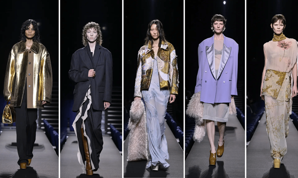 Dries Van Noten's collection at Paris Fashion Week featured delicate vintage fabrics in soft pinks, purples, and neutrals