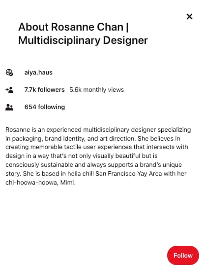 Designer profile on Pinterest