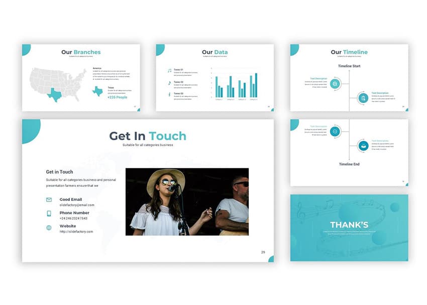 This premium PPT template includes a slide with contact details