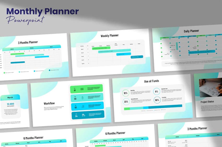 Try out the monthly planner slides in this premium PowerPoint design template.