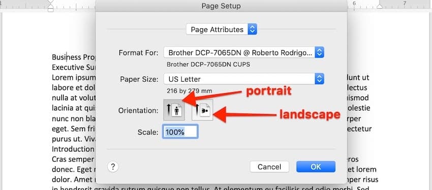 Click on the button for either Word portrait or landscape layout orientation.