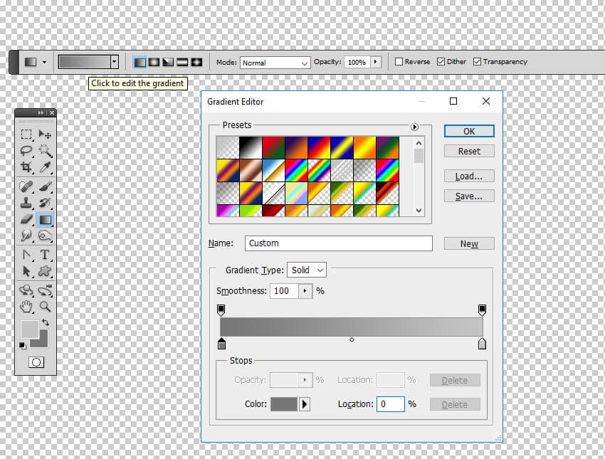Make a new layer called Sunburst Background. Pick the Gradient Tool to create a gradient