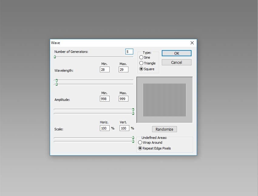 Go to Filter > Distort > Wave and make these settings to create vertical lines.