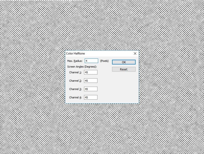 Go to Filter > Pixelate > Color Halftone and make these settings.