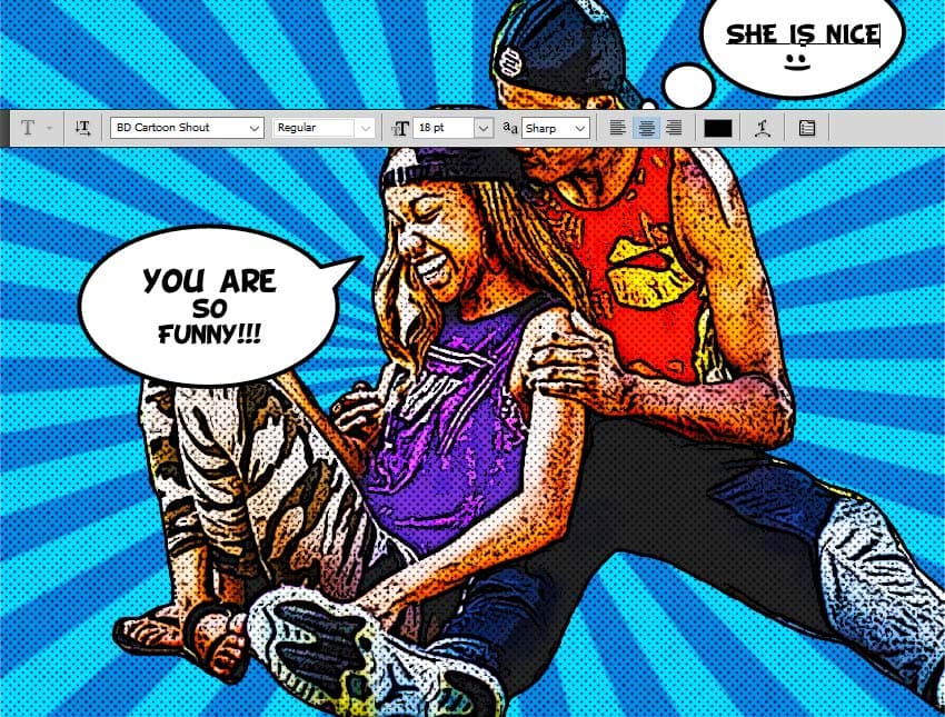 Add some text inside the speech bubbles using a comic font type. I will use the font BD Cartoon Shout.