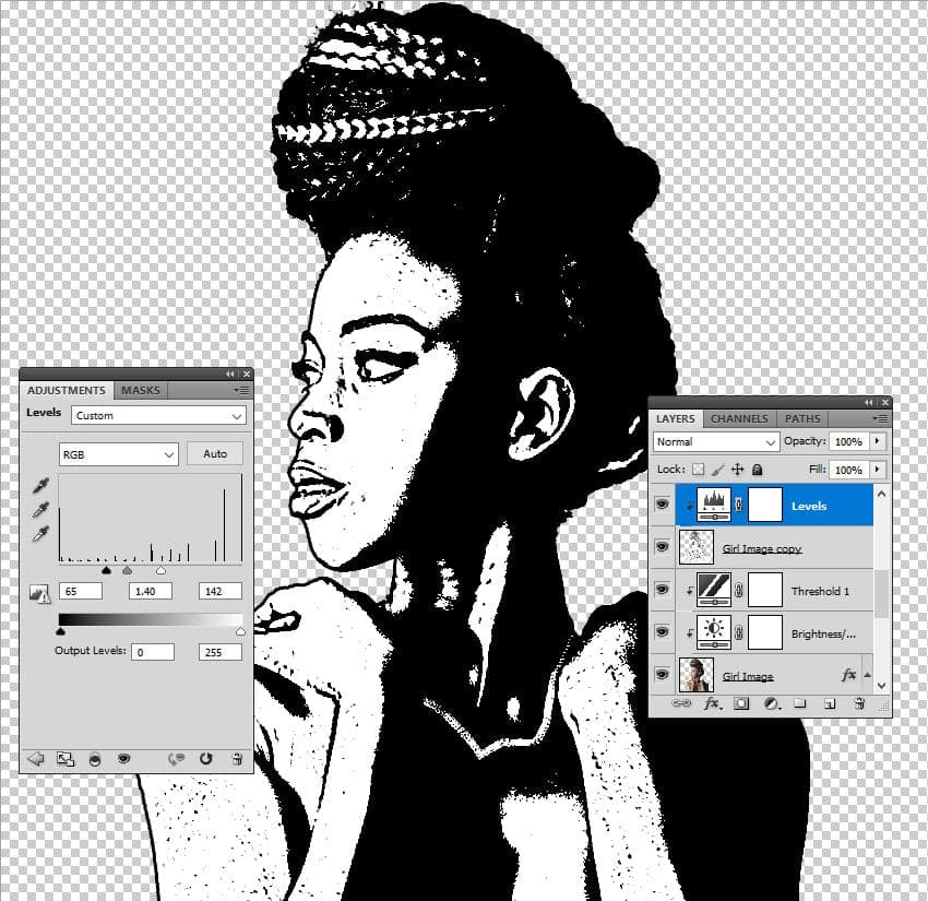 Add a Levels adjustment layer for the Woman Image Copy. Right-click on the adjustment and choose Create Clipping Mask.