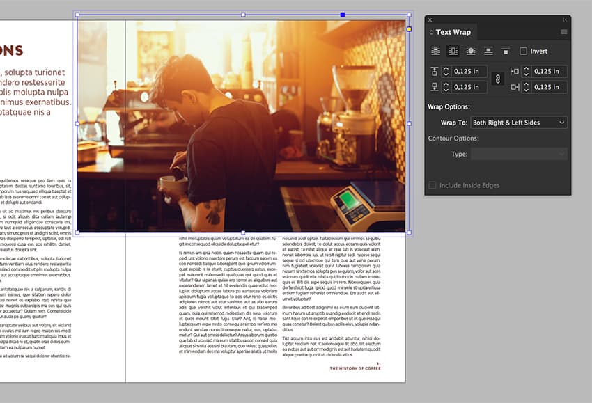 Press Command-D to place the Barista at work image. This time, place the image in the top right corner of Page 11. 