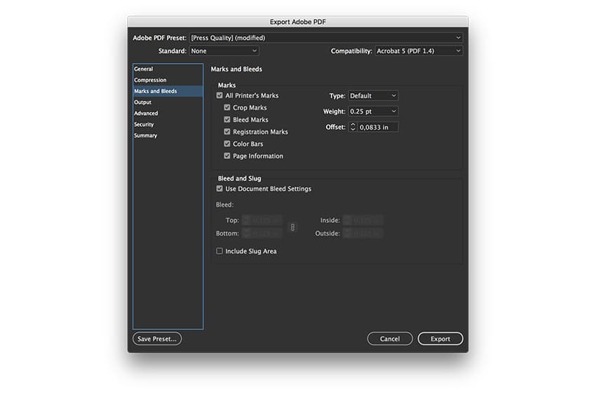 On the left side of the panel, select Marks and Bleeds. Check All Printer’s Marks and Use Document Bleed Settings. Click Export. You'll have a ready-to-print PDF file.
