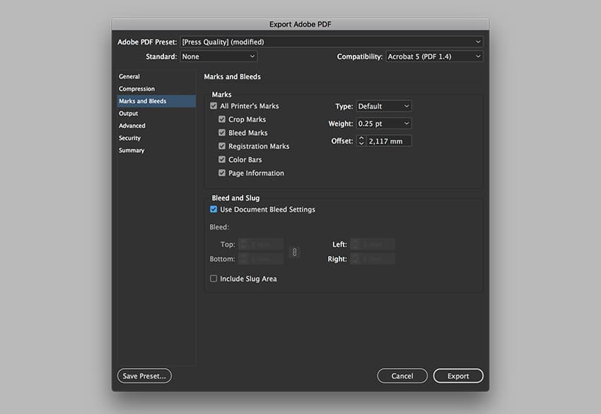 On the left side of the panel, select Marks and Bleeds. Check All Printer’s Marks and Use Document Bleed Settings.