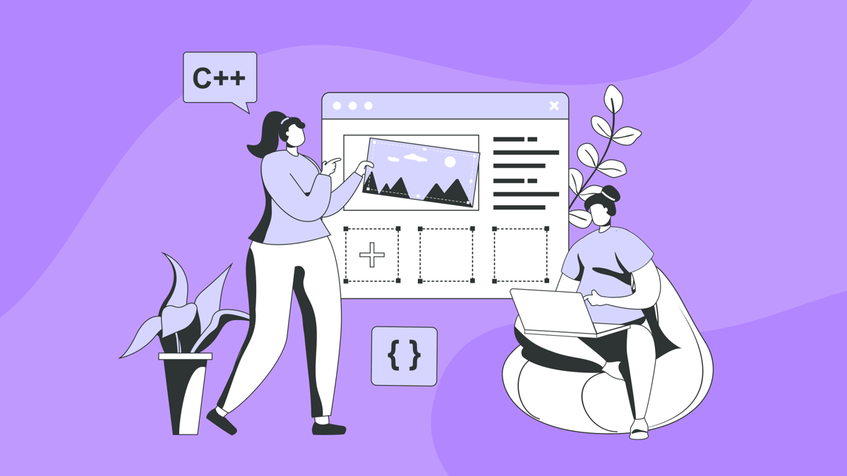 Women in tech blog header purple and black illustration