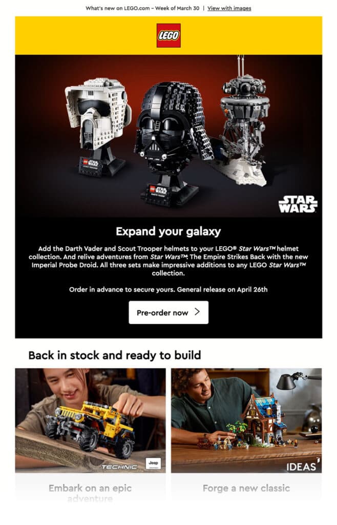 LEGO email, with licensed font, ‘Cera Pro Medium’ implemented