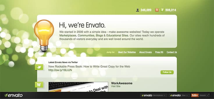 Gradients and graphics dominated the 2010 Envato home page 