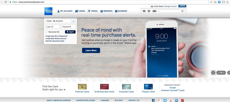 American Express website with Placeit mockup