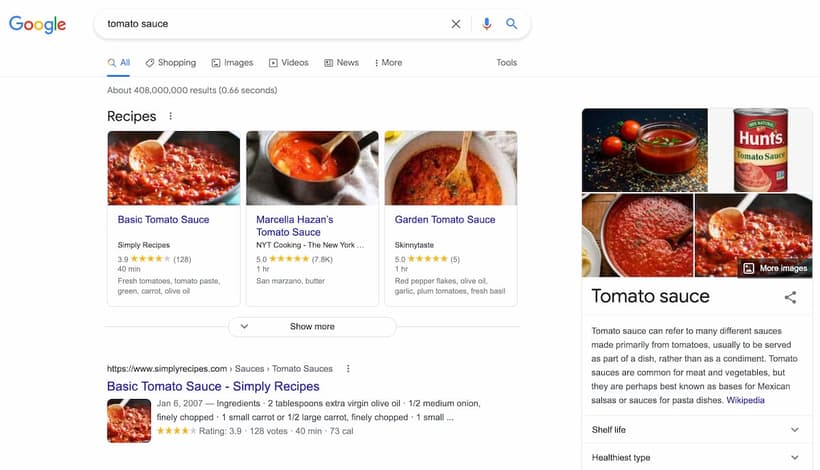 Google search for tomato sauce