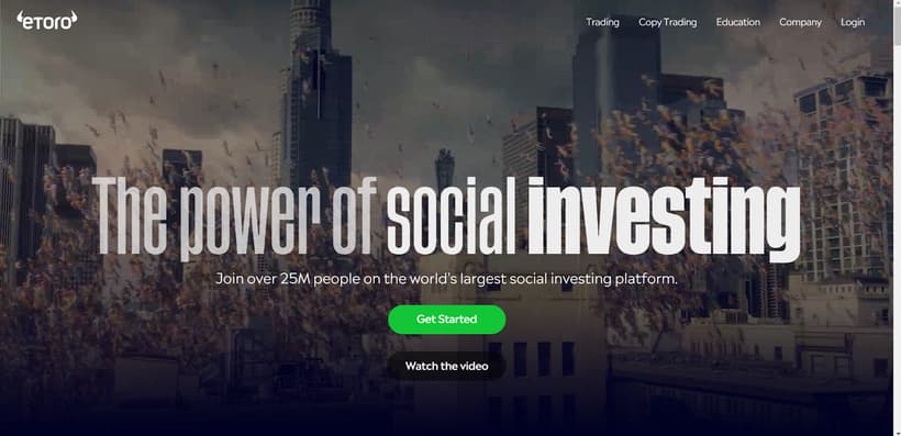 eToro's landing page, an online investment and forex trading platform 