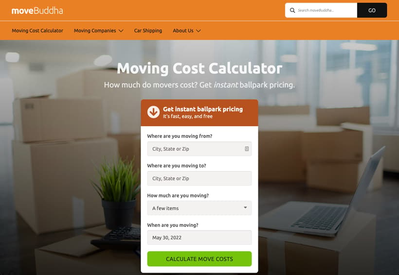 Moving cost calculator landing page