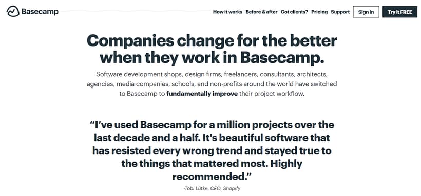 Basecamp's website engages users to scroll