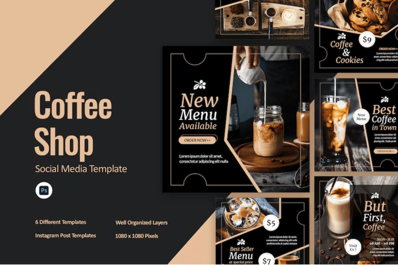 An image of coffee shop social media templates that uses size to convey visual hierarchy 