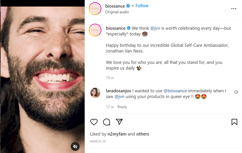 Biossance's influencer marketing campaign with celebrity Jonathan Van-Ness