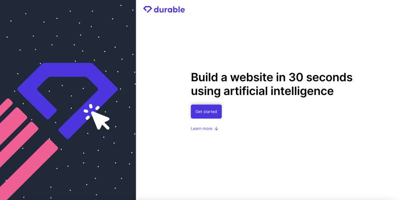 Durable AI Website Builder's home page, encouraging people to "build a website in 30 seconds using AI" 