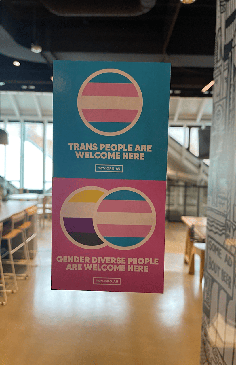 Transgender Victoria stickers at Envato's Melbourne offices acknowledging the partnership. 