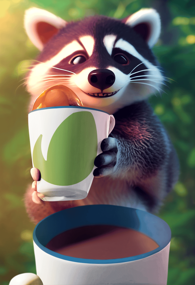 AI generated racoon art holding coffee mug with Envato logo mockup template 