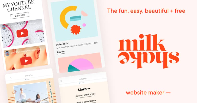 Examples of Milkshake website maker's insta websites, on a pink background with their orange retro water