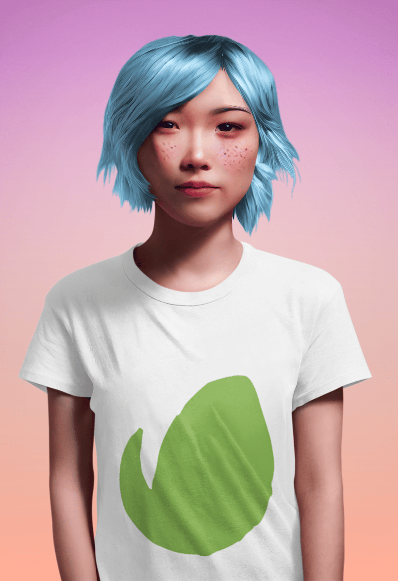 t-shirt mockup envato logo on white tee female AI generated model with blue hair. 