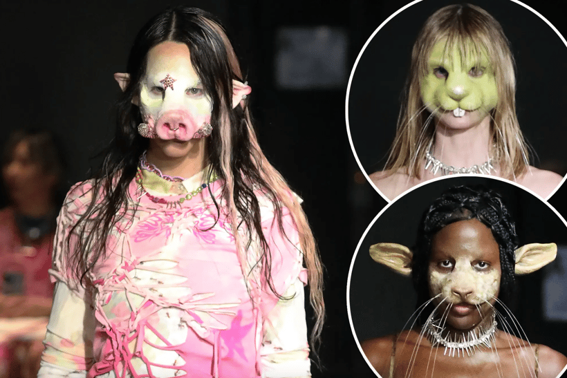 models from Collina Strada's 'please don't eat my friends' fashion show, dressed in elongated earpieces, teal beaks, reptilian masks, and pig snouts .