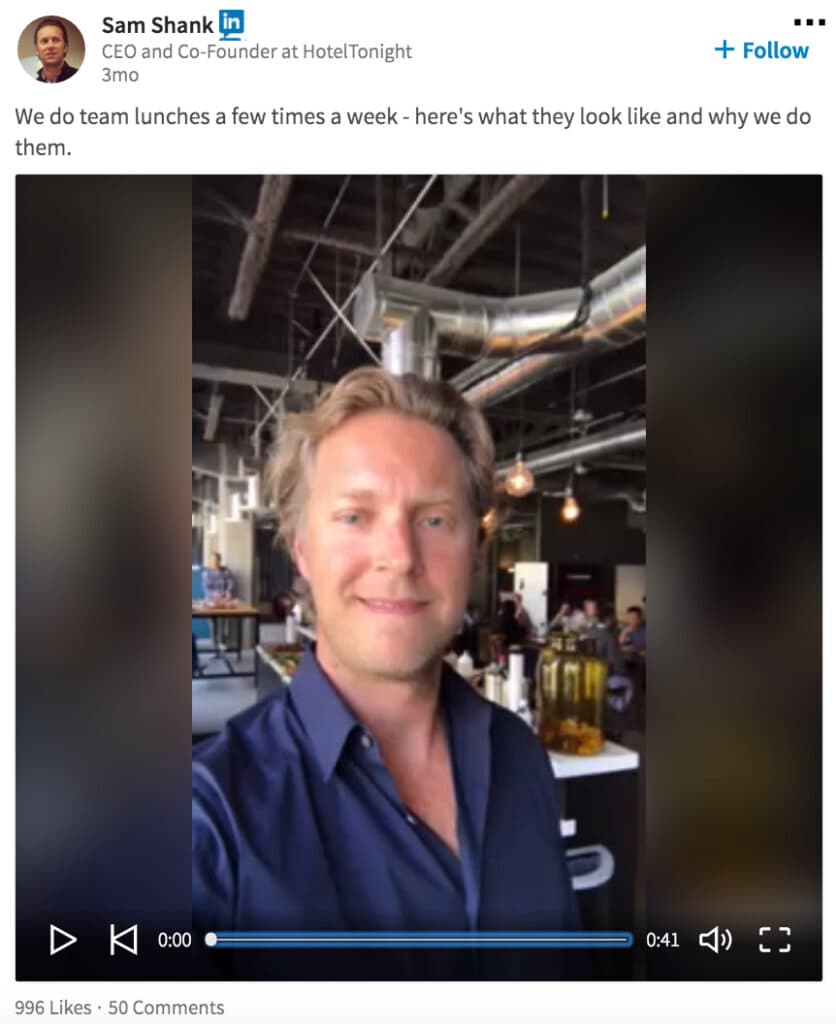Sam Shank shared a recent team lunch at HotelTonight, earning almost 1000 likes and 50 comments